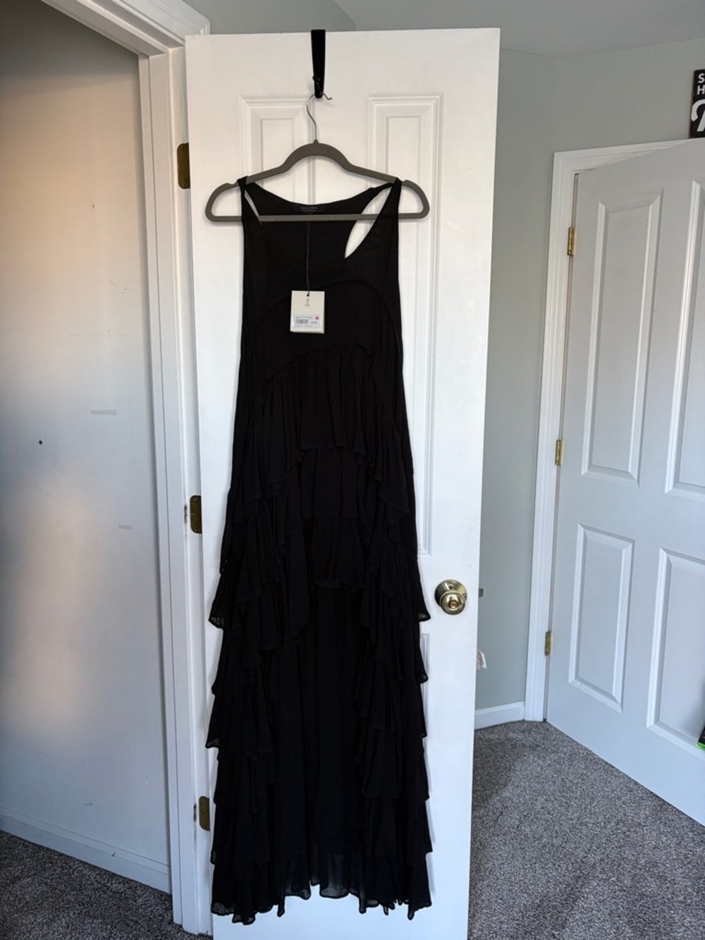 NWT All Saint Cavarly Tiered Ruffle Maxi Dress Black Size US 6/UK10 - Picture 3 of 5